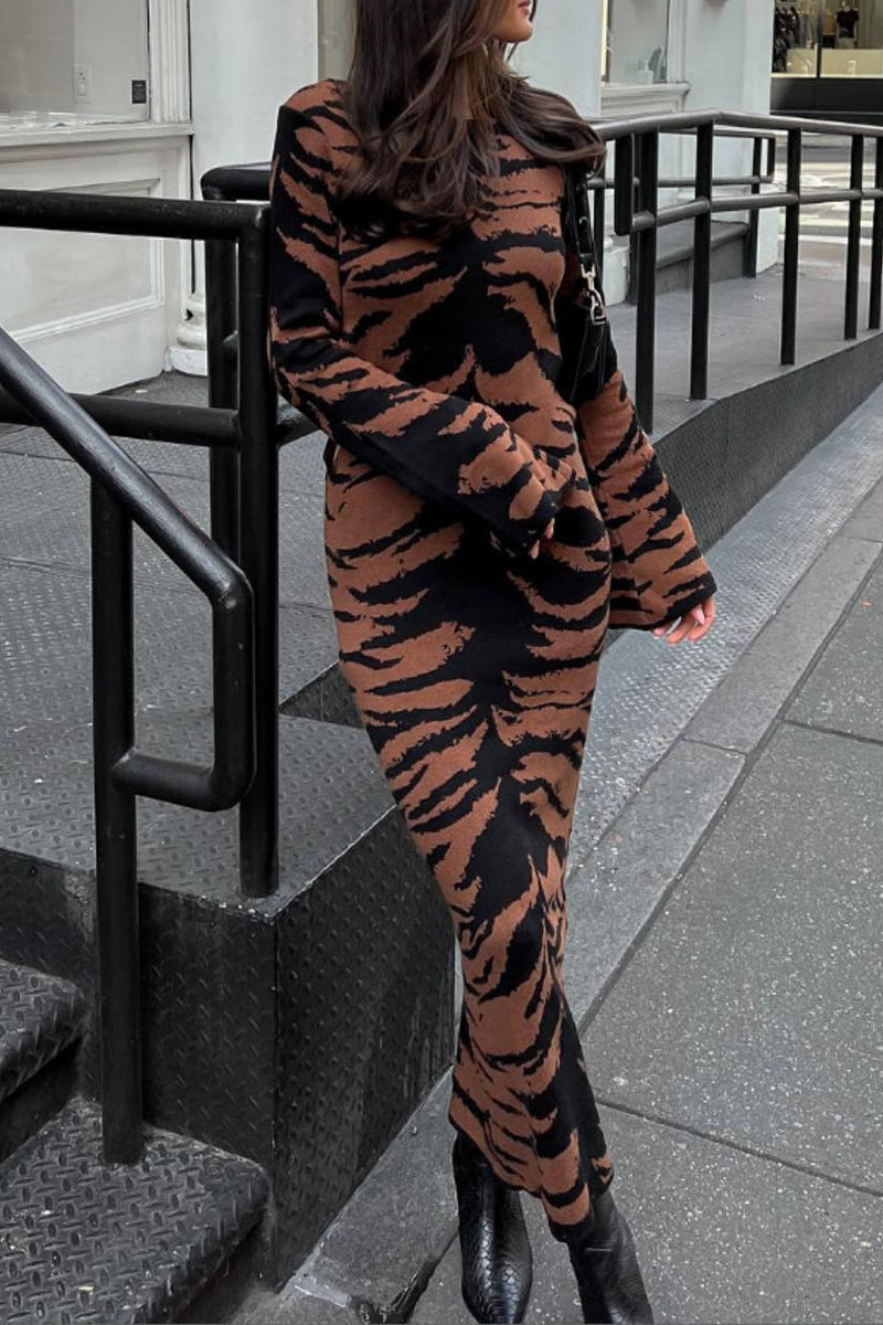 Juana | Street Vintage Leopard Jacquard Ripped Weave O-Neck Pencil Skirt Dresses