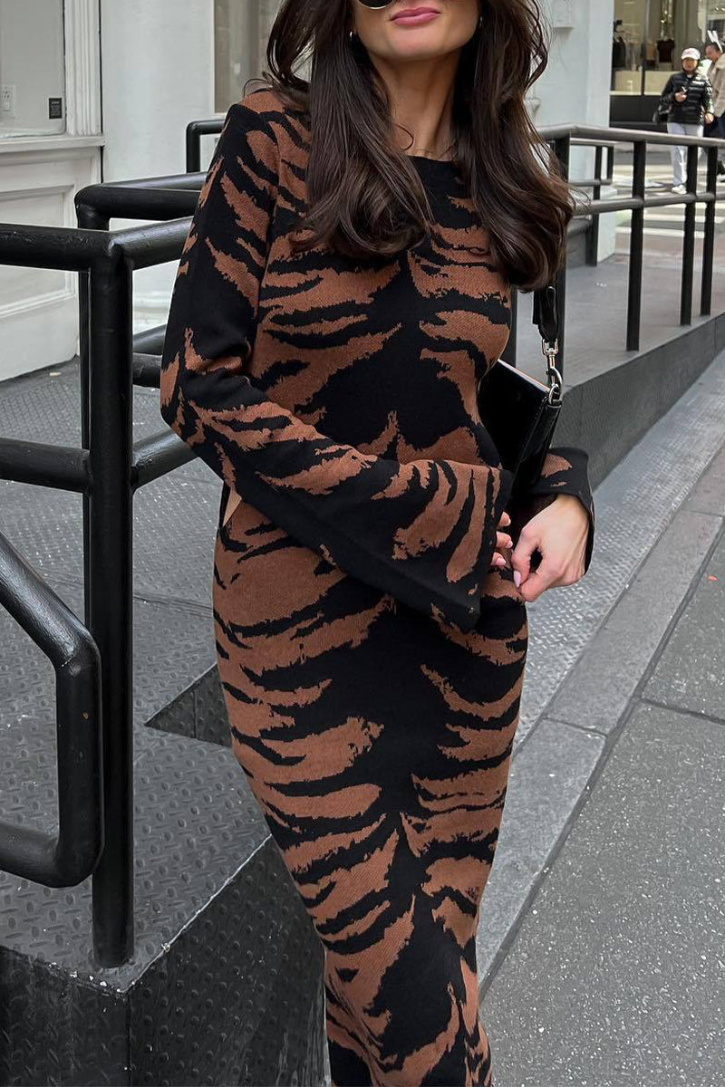 Juana | Street Vintage Leopard Jacquard Ripped Weave O-Neck Pencil Skirt Dresses