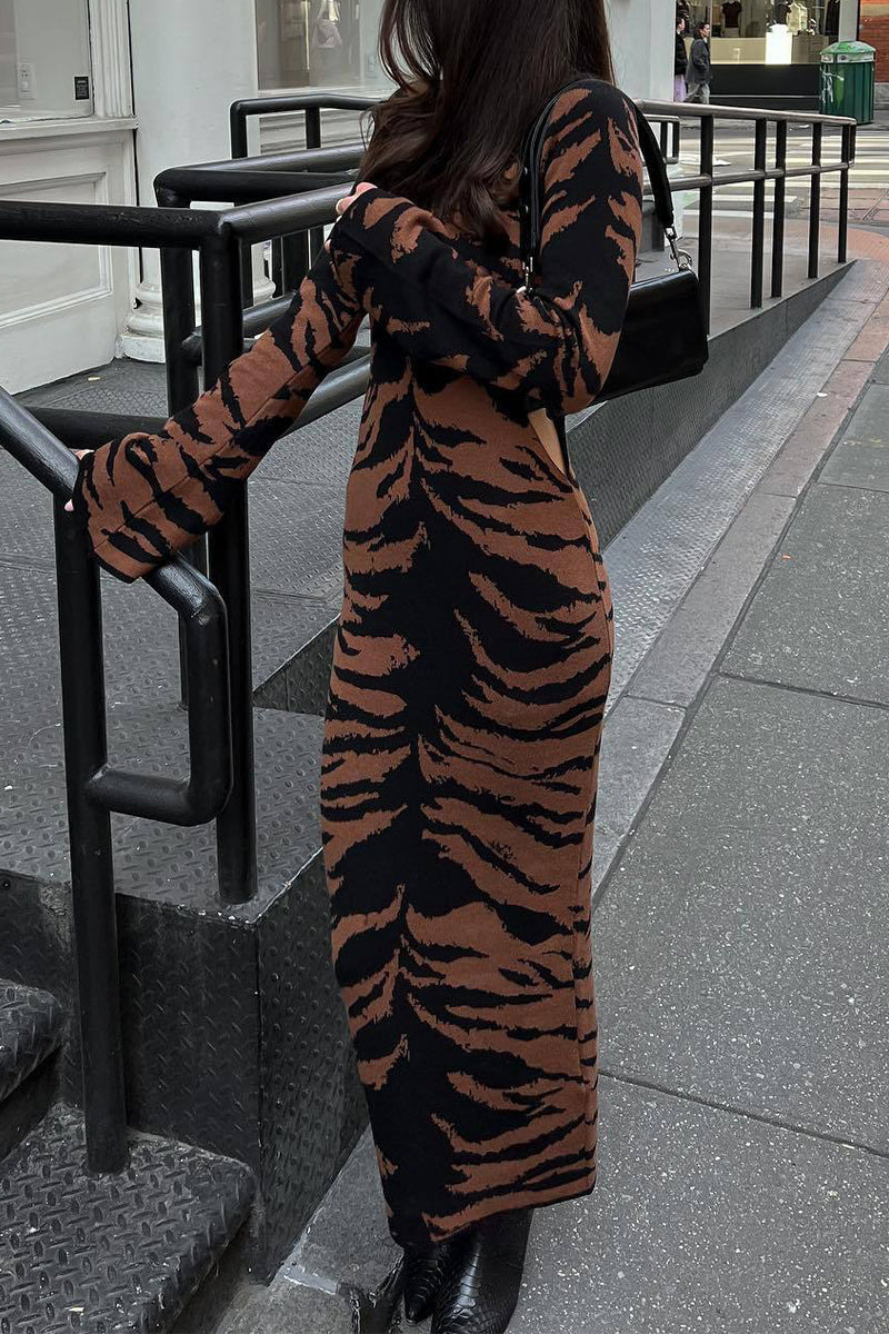 Juana | Street Vintage Leopard Jacquard Ripped Weave O-Neck Pencil Skirt Dresses