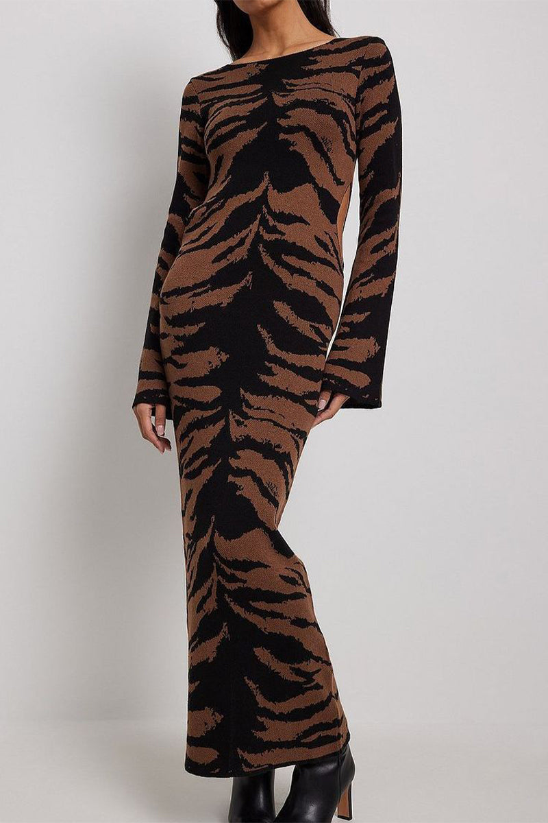 Juana | Street Vintage Leopard Jacquard Ripped Weave O-Neck Pencil Skirt Dresses