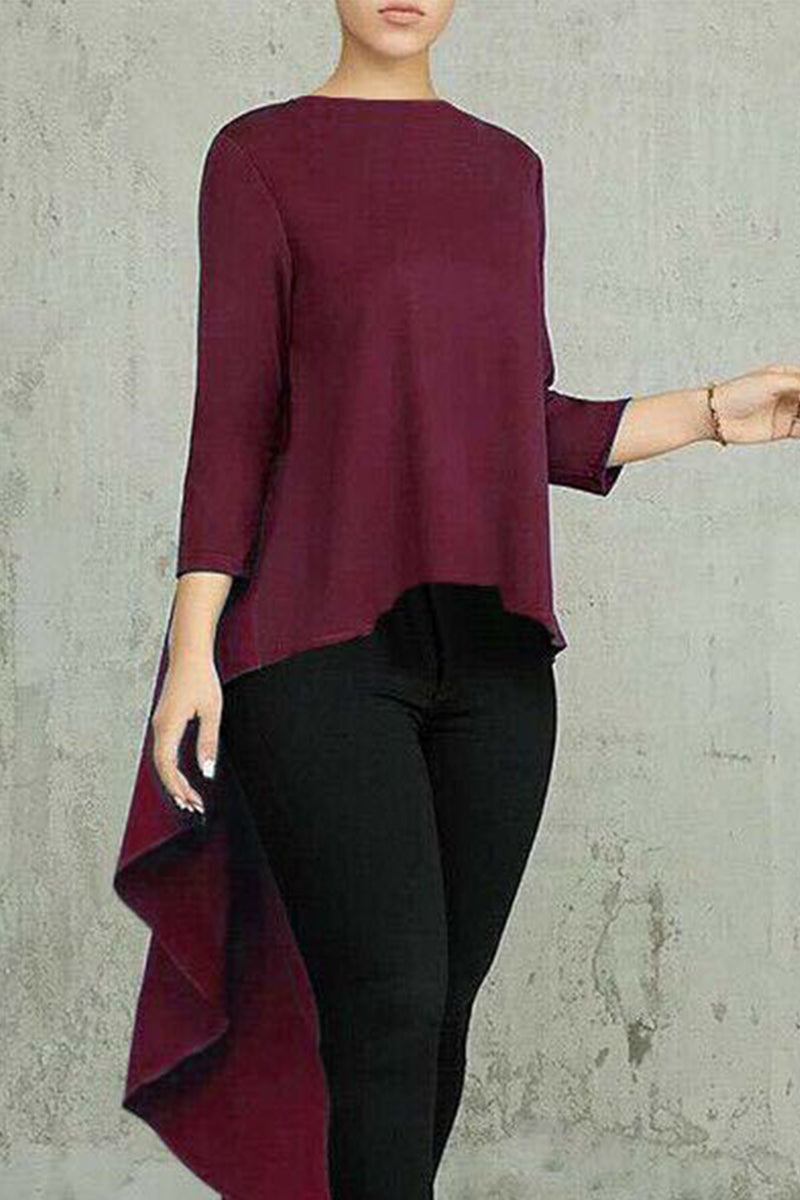 Leila | Casual, simple, solid, asymmetrical O-neck tops
