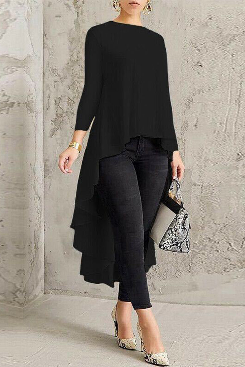 Leila | Casual, simple, solid, asymmetrical O-neck tops