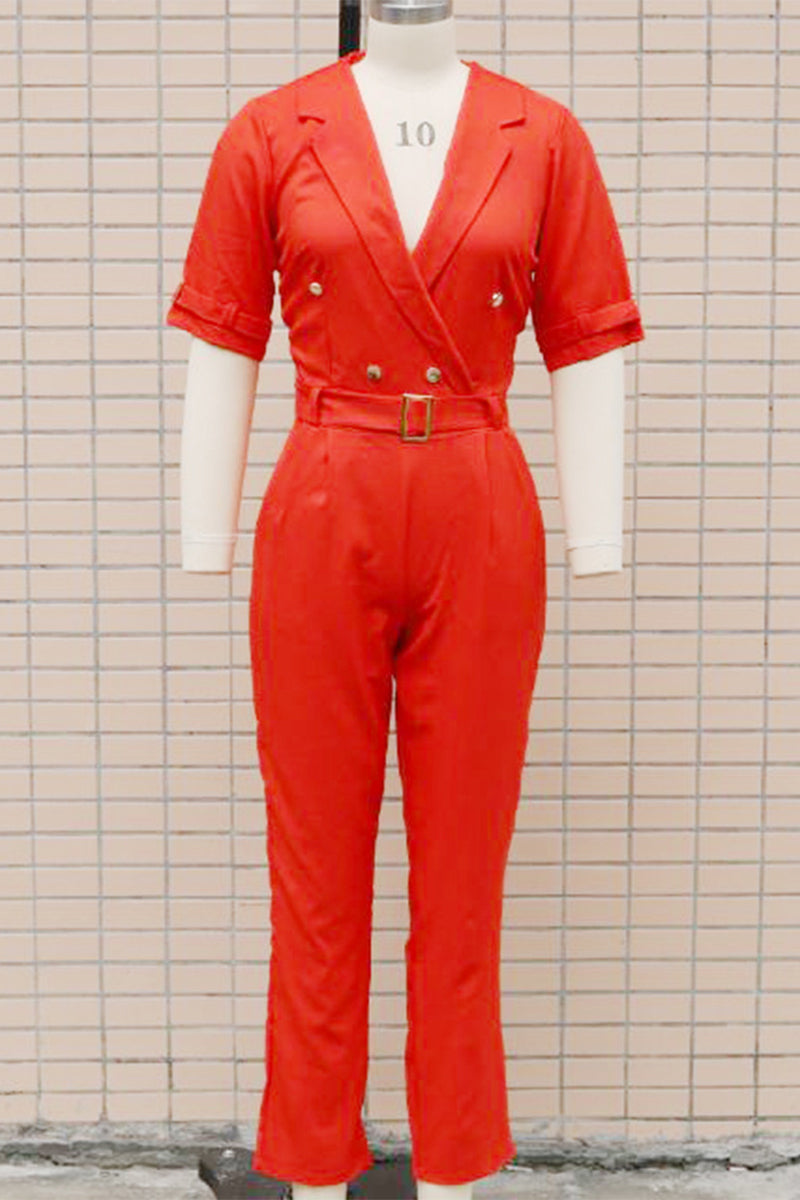 Linda | Casual solid color street overalls with patchwork buttons and reversible collar