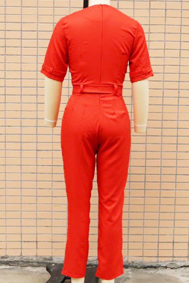Linda | Casual solid color street overalls with patchwork buttons and reversible collar