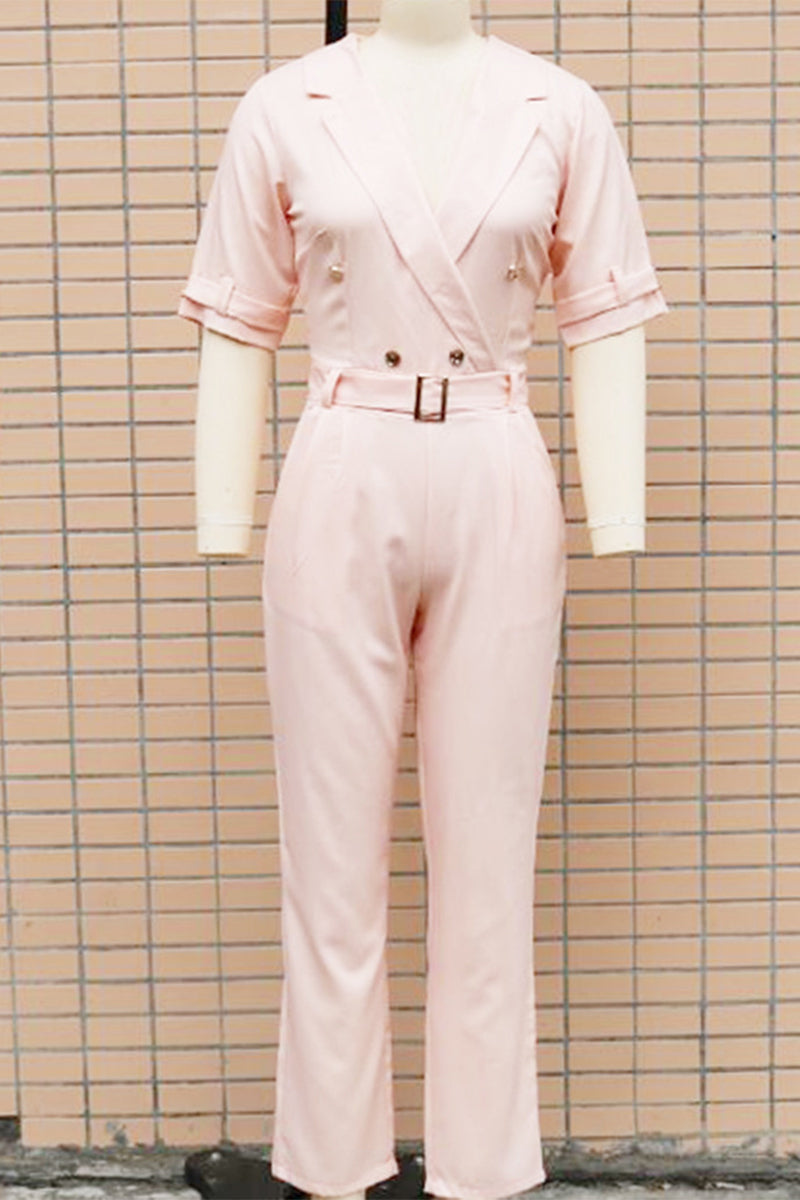 Linda | Casual solid color street overalls with patchwork buttons and reversible collar