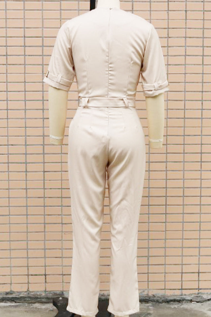 Linda | Casual solid color street overalls with patchwork buttons and reversible collar