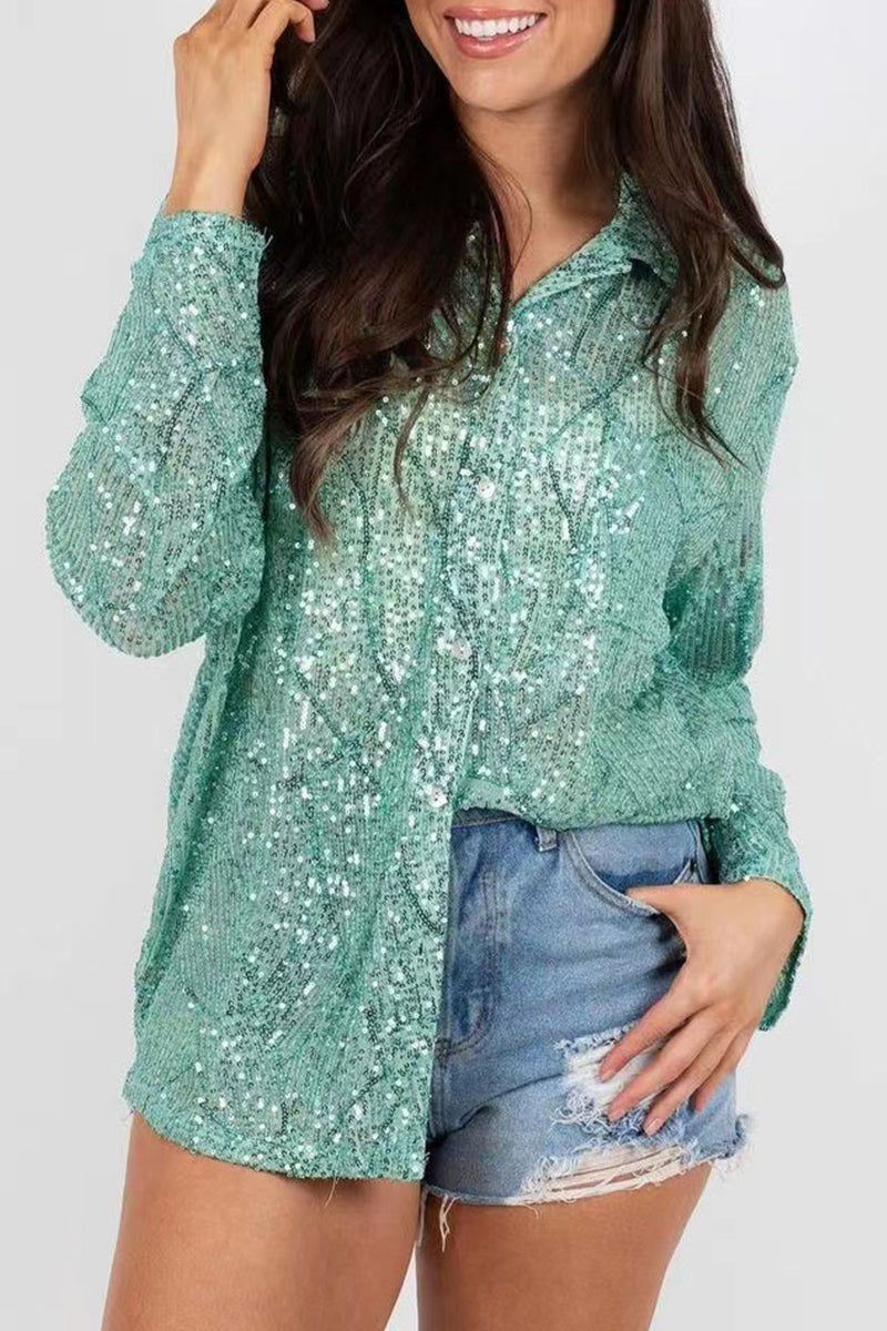 Luciana® | Elegant Long-Sleeved Polo Blouse With Buttons And Sequins