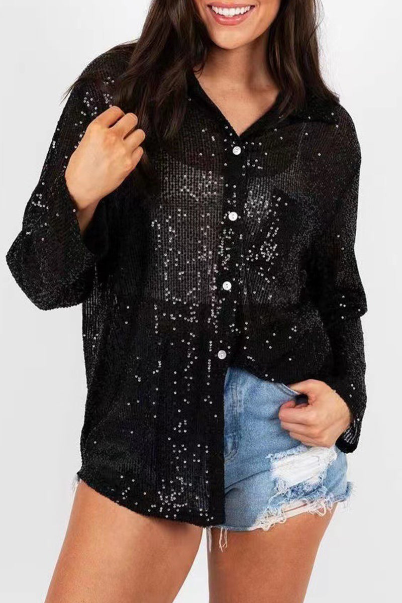 Luciana® | Elegant Long-Sleeved Polo Blouse With Buttons And Sequins
