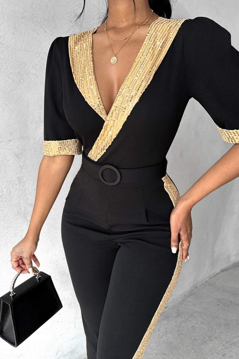 Adela | Casual slim jumpsuits with patchwork sequins and V-neck