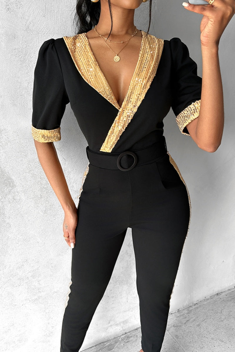 Adela | Casual slim jumpsuits with patchwork sequins and V-neck