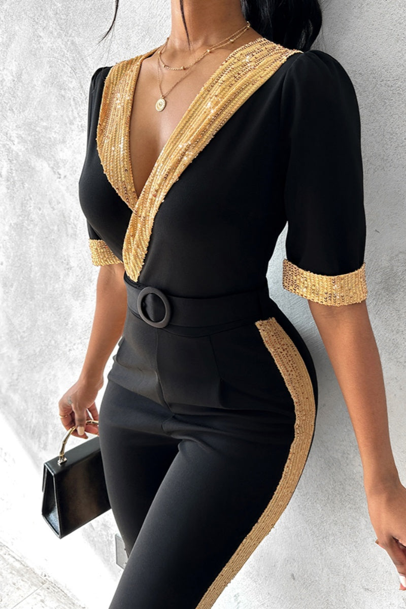 Adela | Casual slim jumpsuits with patchwork sequins and V-neck