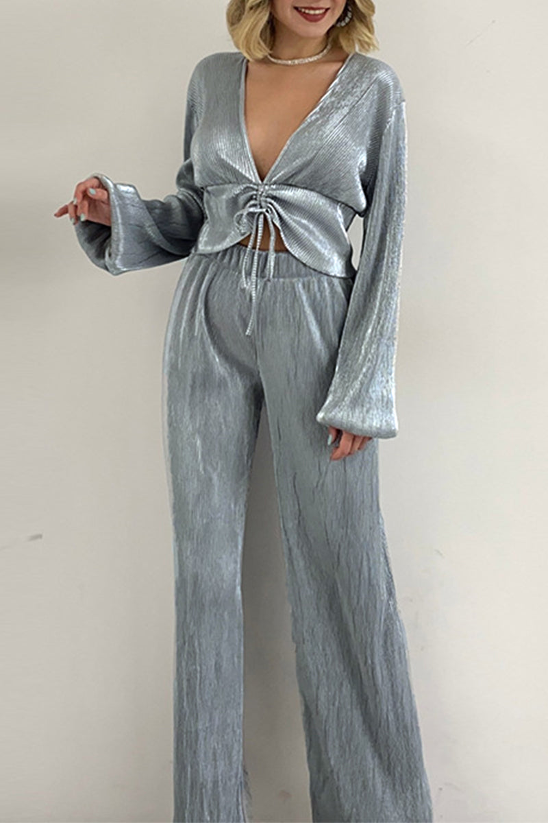 Adriana | Casual two-piece suit with fixed drawstring and V-neck and long sleeves