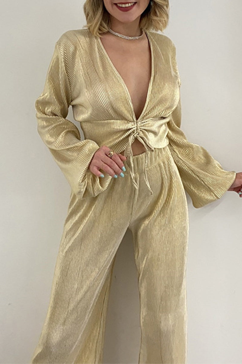 Adriana | Casual two-piece suit with fixed drawstring and V-neck and long sleeves