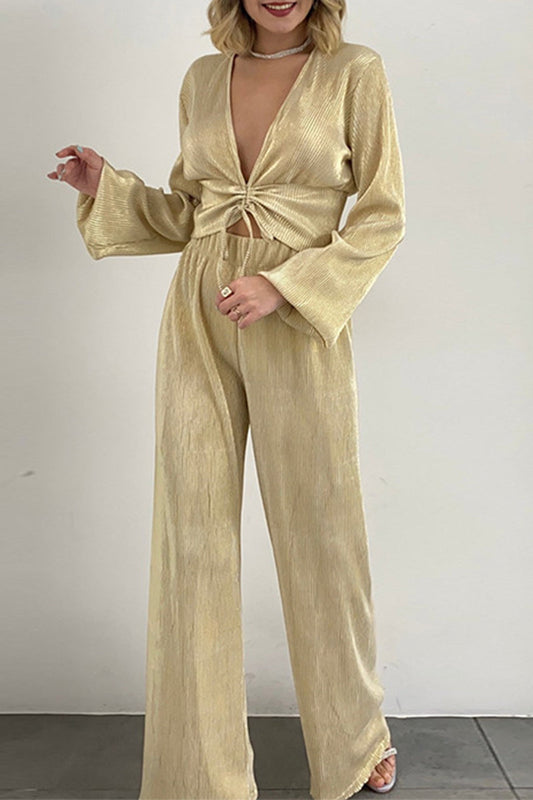 Adriana | Casual two-piece suit with fixed drawstring and V-neck and long sleeves