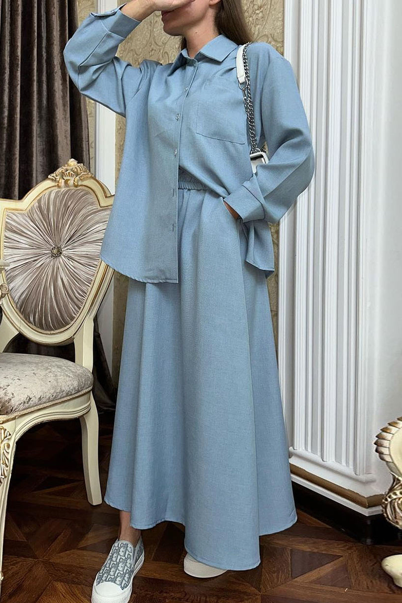 Agneta | Cute elegant solid color buttons, turn-down collar, long sleeves, two piece