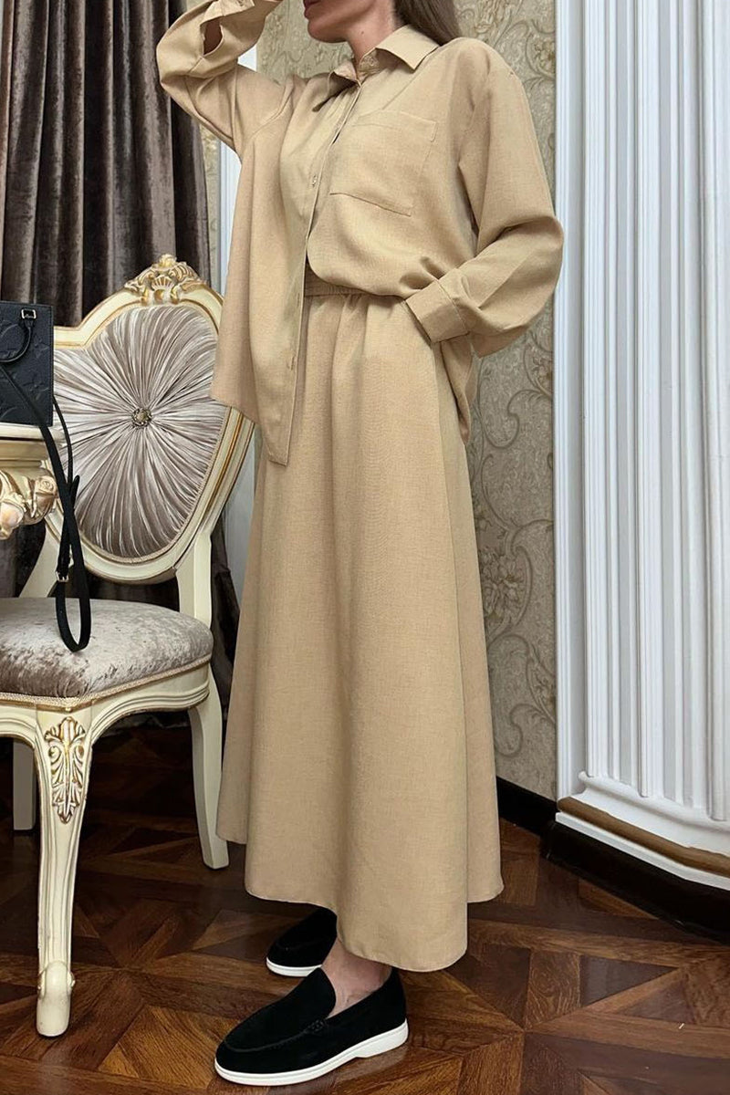 Agneta | Cute elegant solid color buttons, turn-down collar, long sleeves, two piece