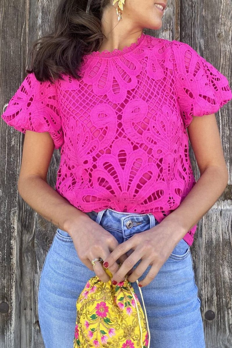 Margherita® | Casual Solid Lace Hollow Out Short Sleeve Blouse