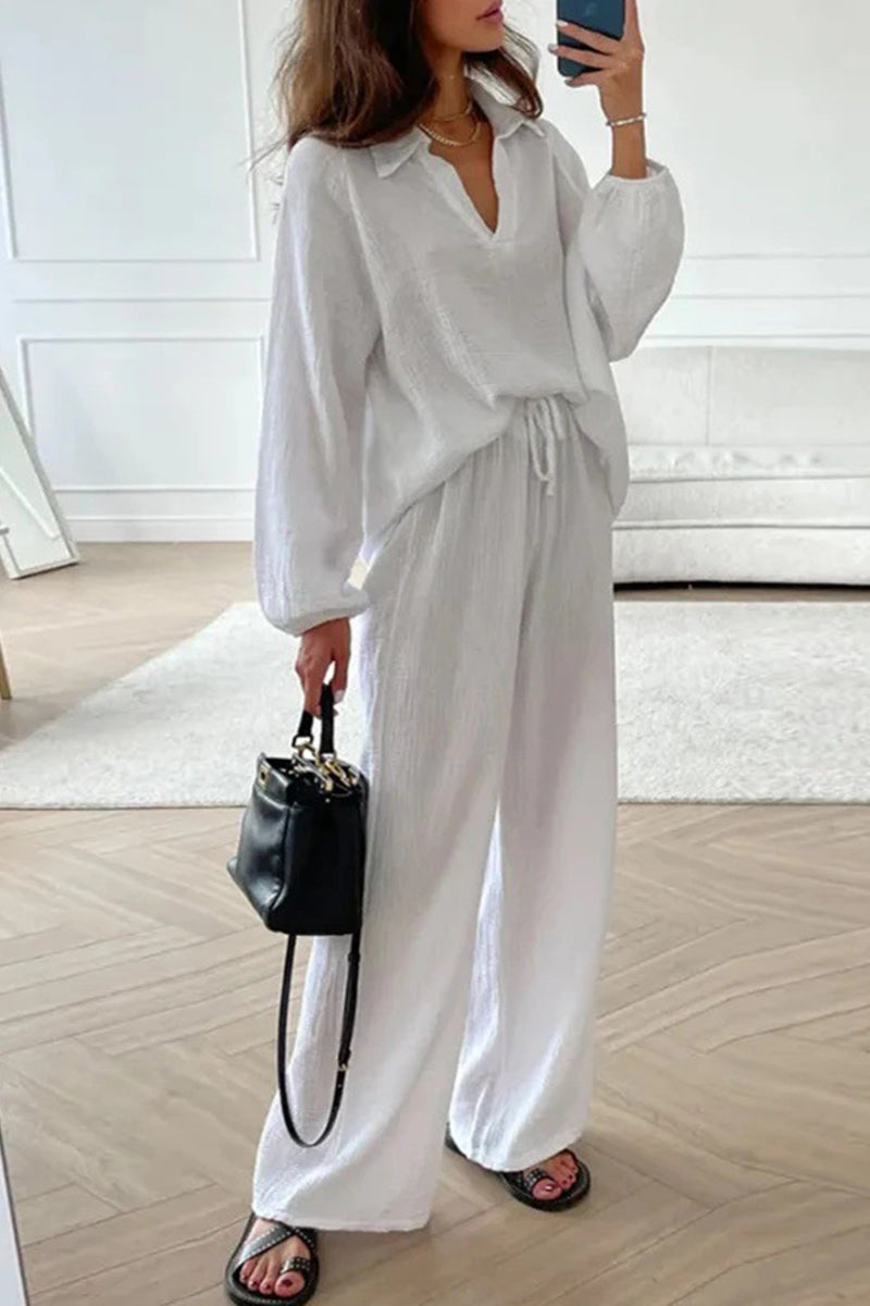 Alba | Casual simplicity, solid frenulum turn-down collar, long sleeves, two-piece