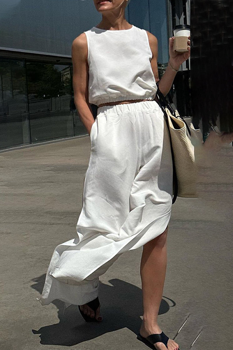Alina | Casual simplicity, solid pocket, slit, O-neck, sleeveless, two-piece