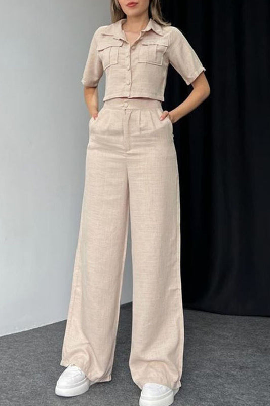 Lea® | Elegant Short-Sleeved Button-Down Blouse And Wide-Leg Pants