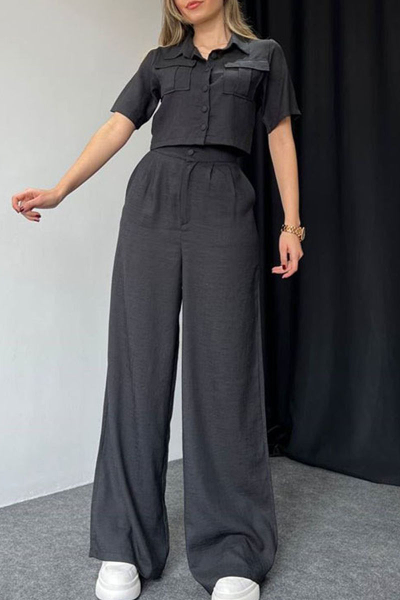Lea® | Elegant Short-Sleeved Button-Down Blouse And Wide-Leg Pants
