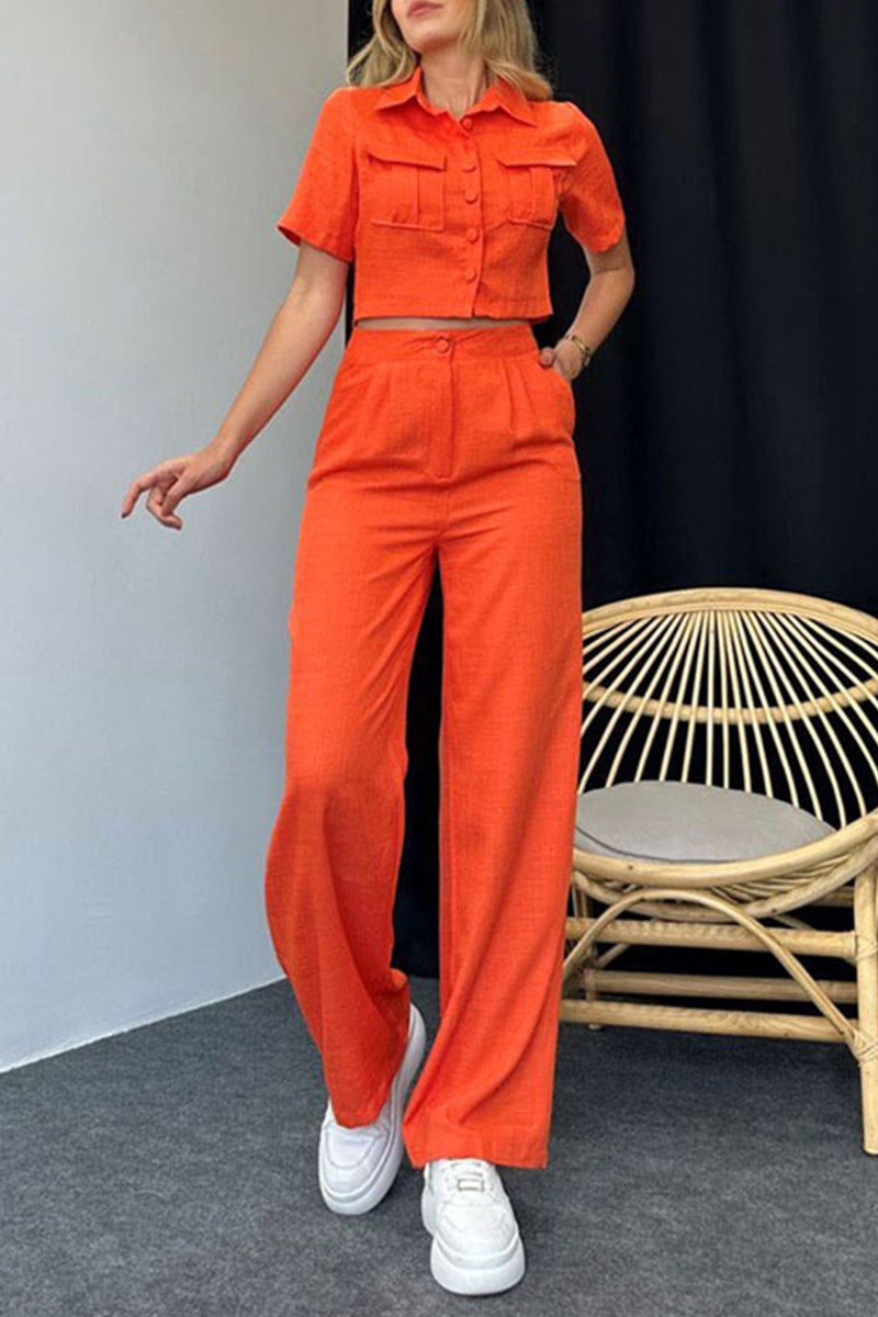 Lea® | Elegant Short-Sleeved Button-Down Blouse And Wide-Leg Pants