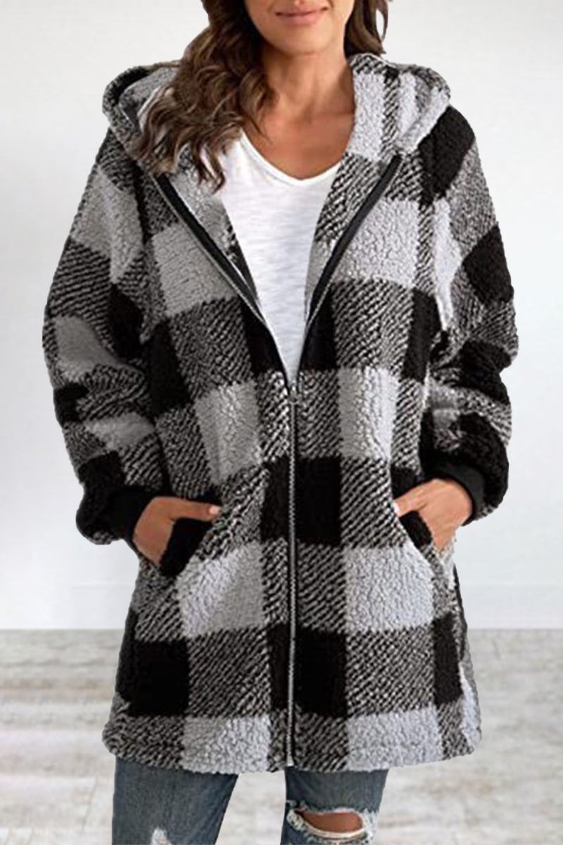 Amalia | Casual outerwear with checked frenulum contrast zipper and hooded collar