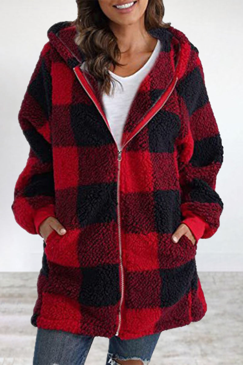 Amalia | Casual outerwear with checked frenulum contrast zipper and hooded collar