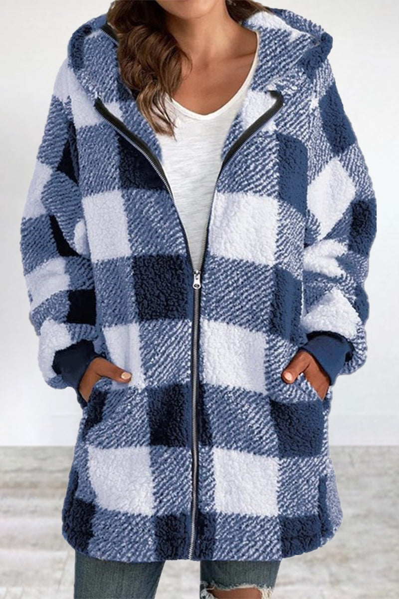 Amalia | Casual outerwear with checked frenulum contrast zipper and hooded collar