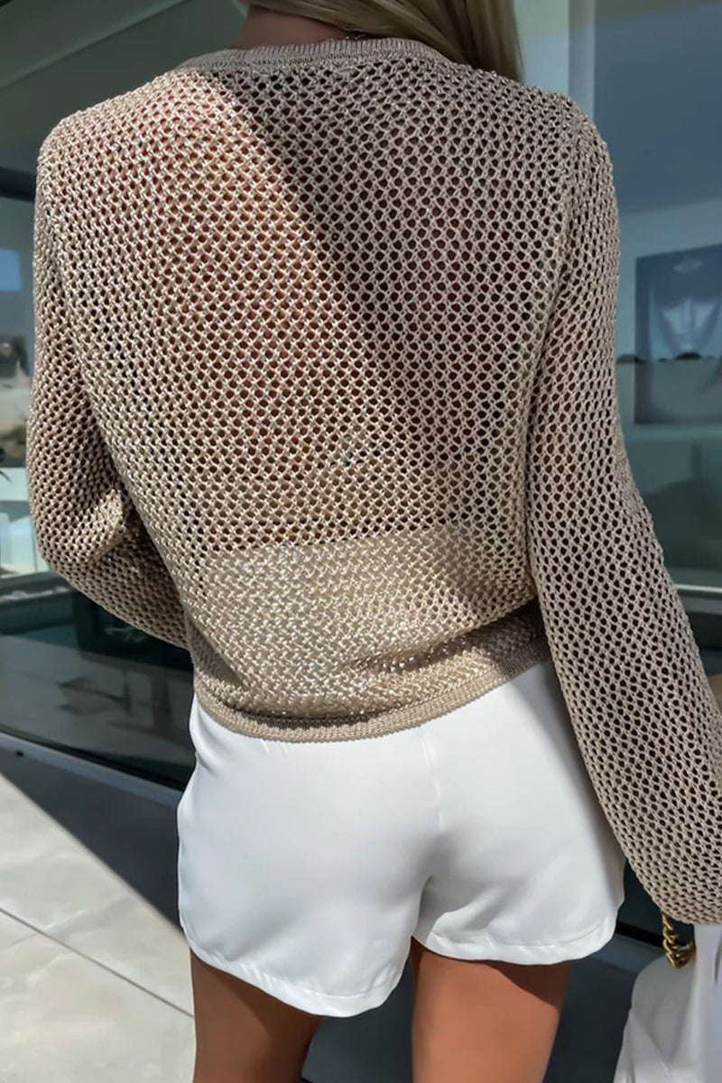 Ana | Sexy solid color hollow out sheer O-neck tops for vacation