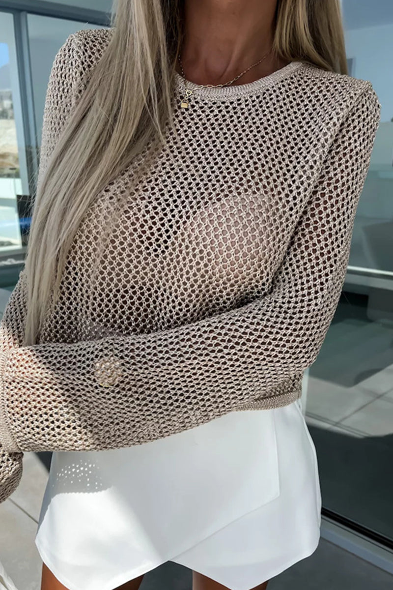 Ana | Sexy solid color hollow out sheer O-neck tops for vacation
