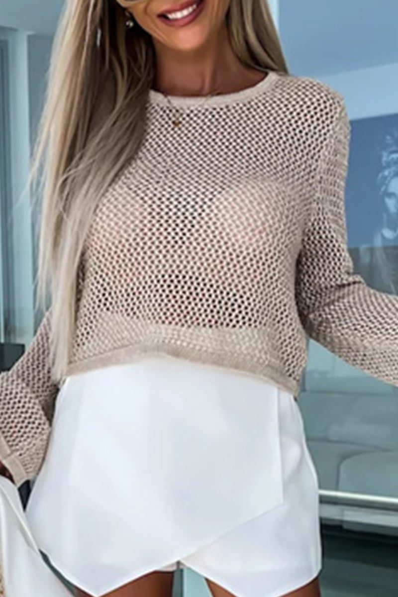 Ana | Sexy solid color hollow out sheer O-neck tops for vacation