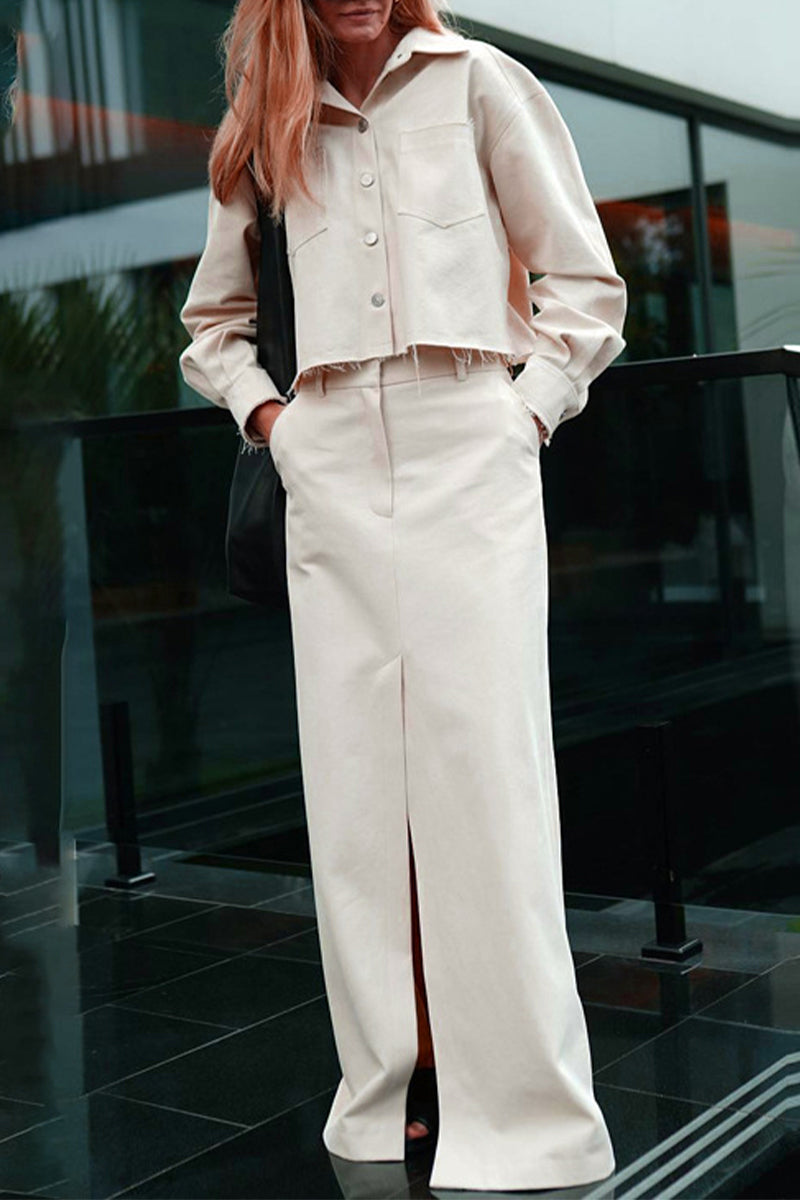 Anette | Casual, elegant, solid color, long-sleeved two-piece suit with pocket turn-down collar
