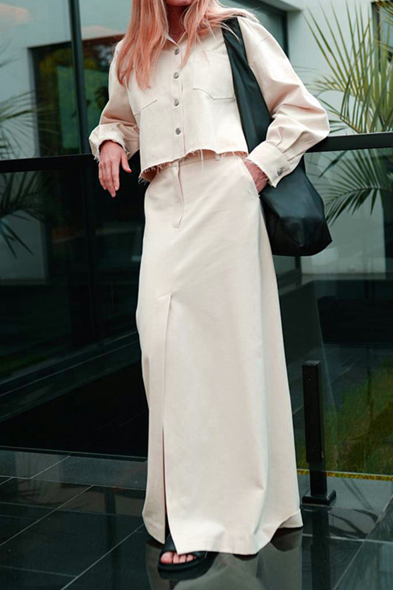 Anette | Casual, elegant, solid color, long-sleeved two-piece suit with pocket turn-down collar