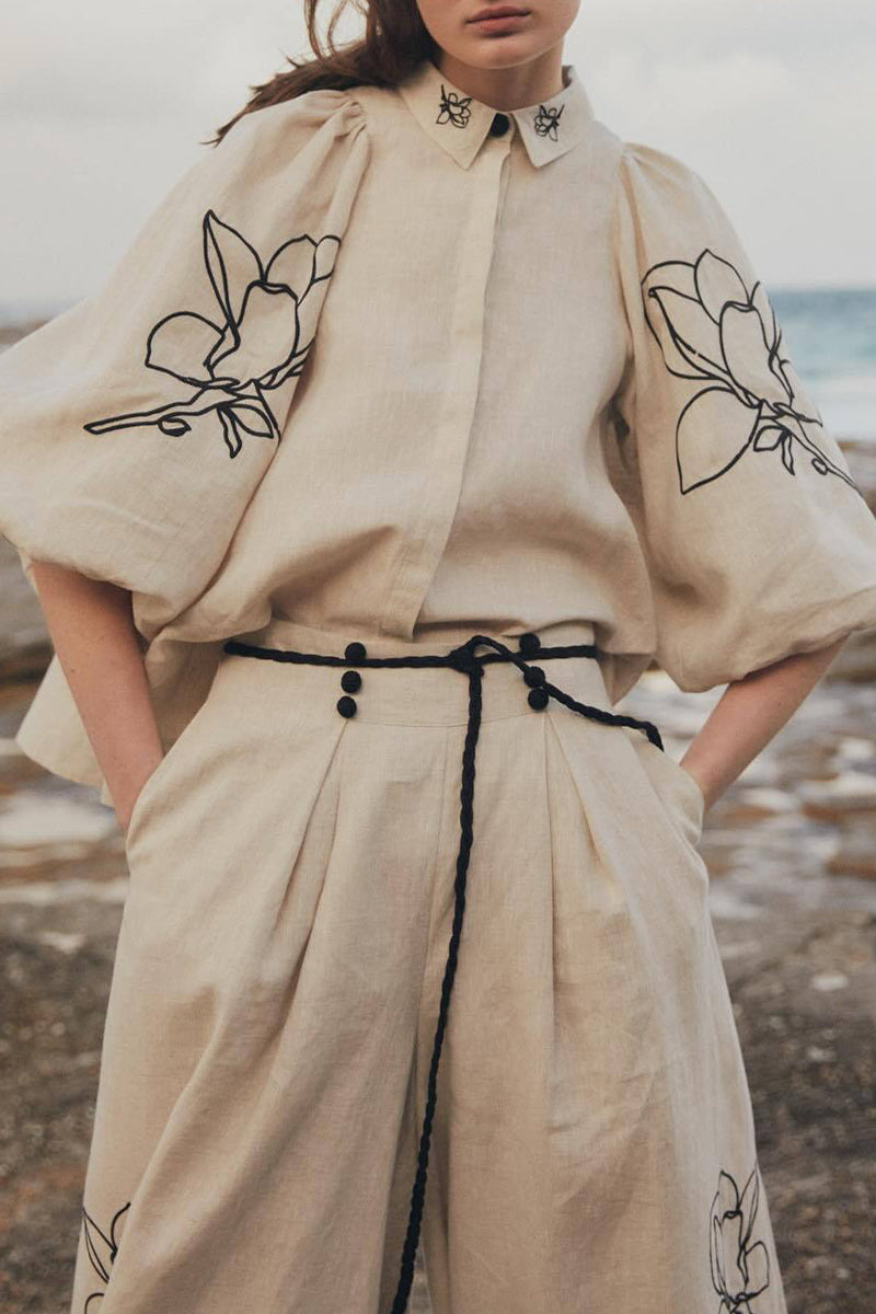 Angela | Casual vintage print, floral, pocket, frenulum, turn-down collar, half sleeve, two piece