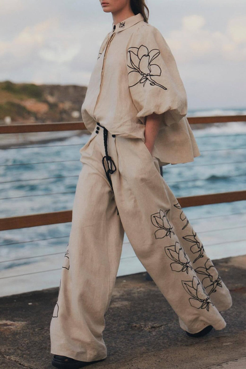 Angela | Casual vintage print, floral, pocket, frenulum, turn-down collar, half sleeve, two piece
