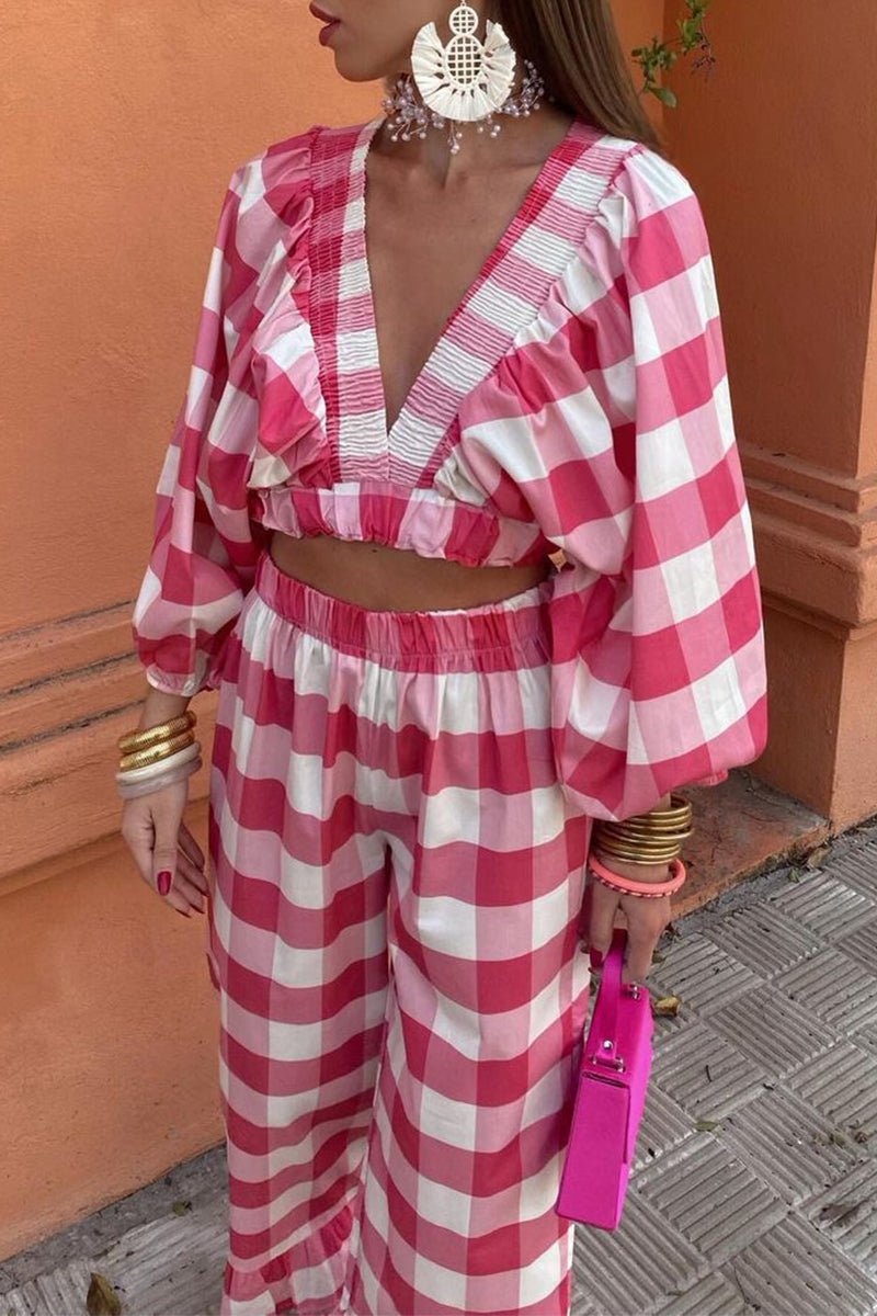 Angelika | Casual cute plaid contrast long sleeve V-neck two piece suit