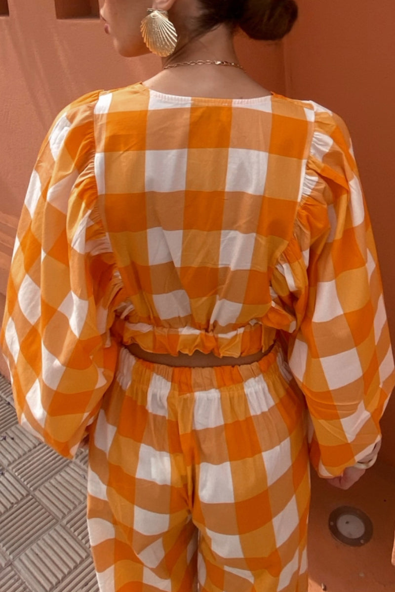 Angelika | Casual cute plaid contrast long sleeve V-neck two piece suit