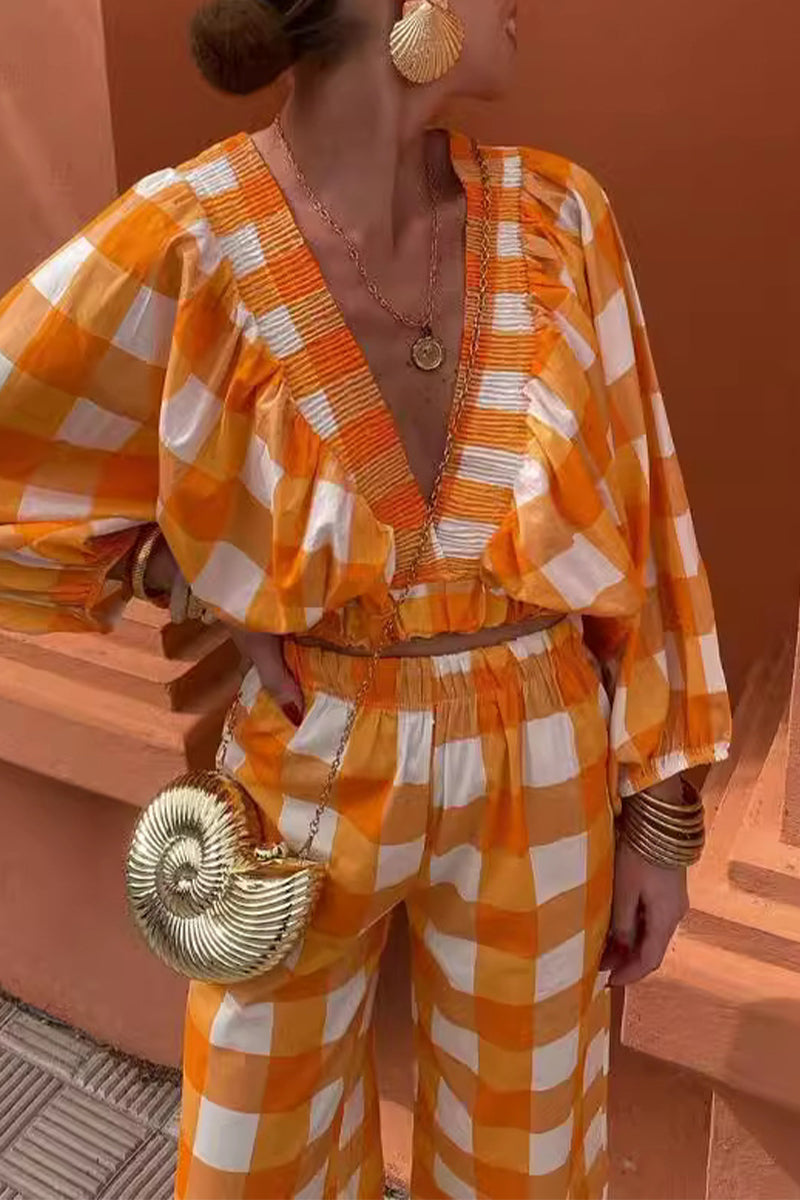 Angelika | Casual cute plaid contrast long sleeve V-neck two piece suit