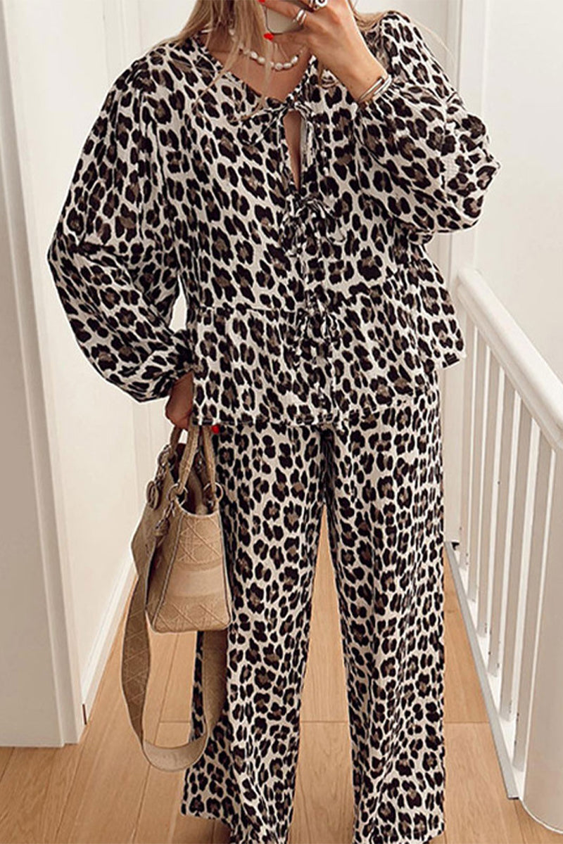 Annelise | Casual daily leopard print lace up ruffle O-neck long sleeve two piece suit