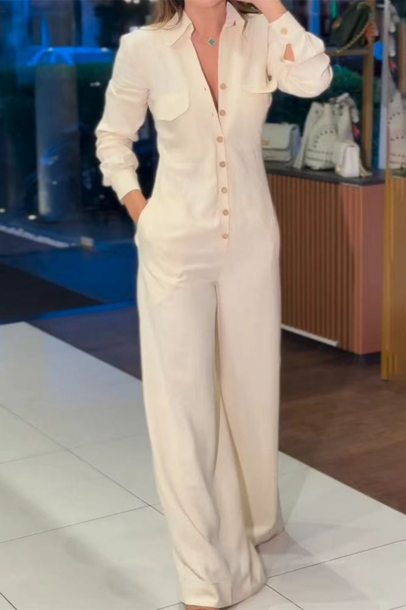 Annemarie | Casual solid color regular jumpsuits with turn-down collar and pockets