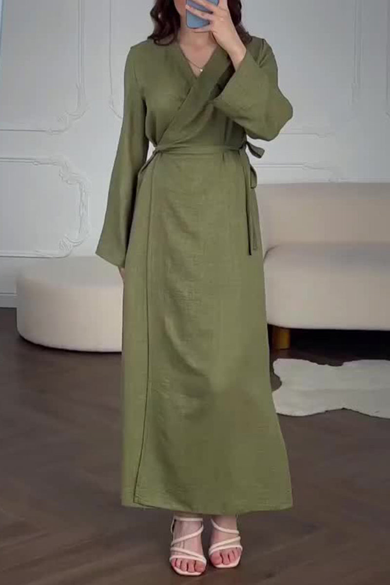 Annette | Casual V-neck lace-up solid color A-line dresses for everyday wear