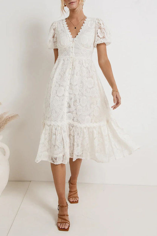 Caterina® | Elegant Short-Sleeved Lace Dress With V-Neckline