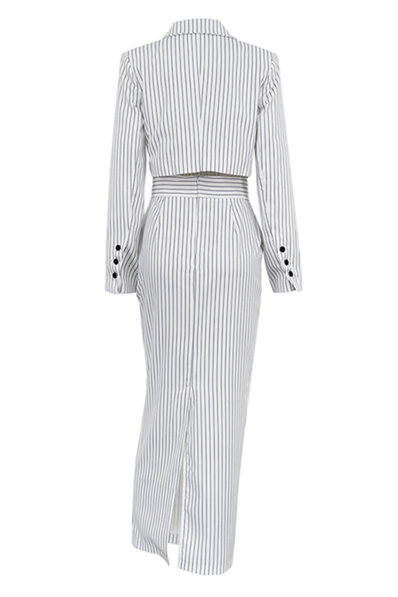Bea | Street elegant stripe print, buttons, slit, contrast, reversible collar, long sleeves, two piece