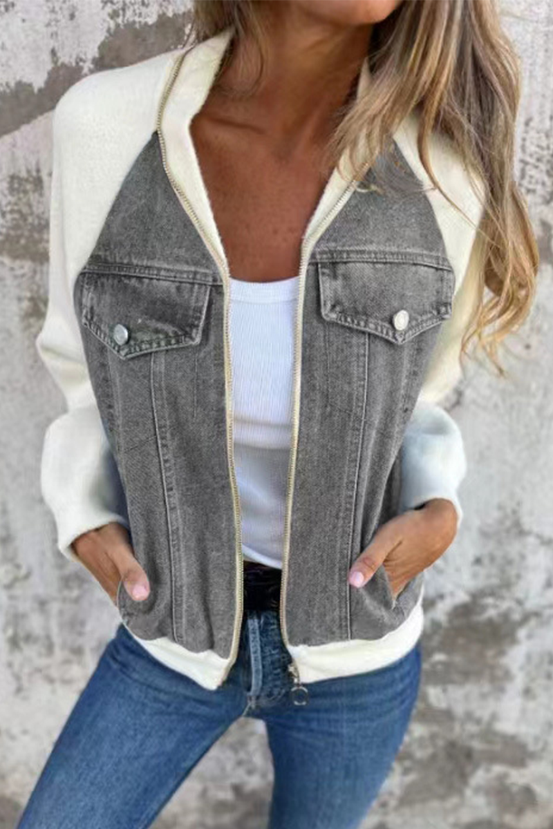 Begoña | Casual outerwear with a solid color patchwork zipper and contrast turn-down collar