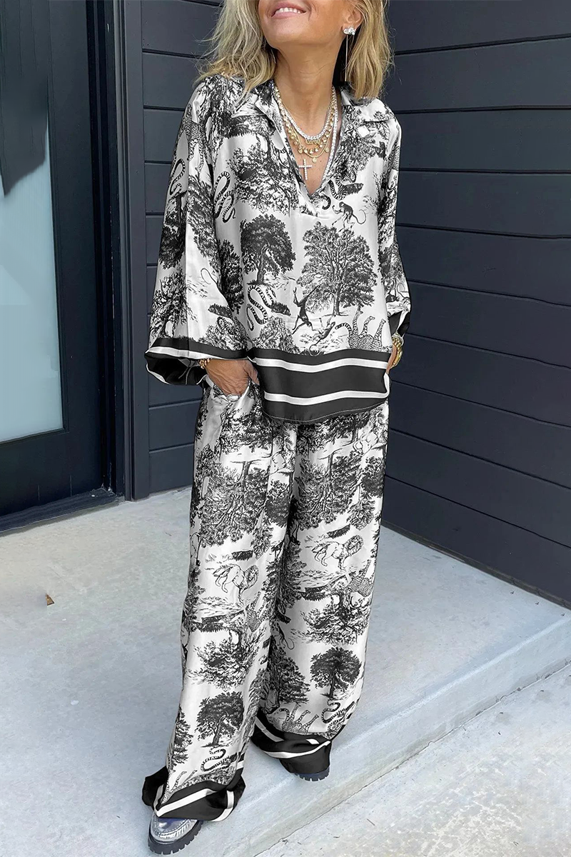 Beatriz | Casual street floral print, distressed drawstring pocket, V-neck, long sleeves, two-piece