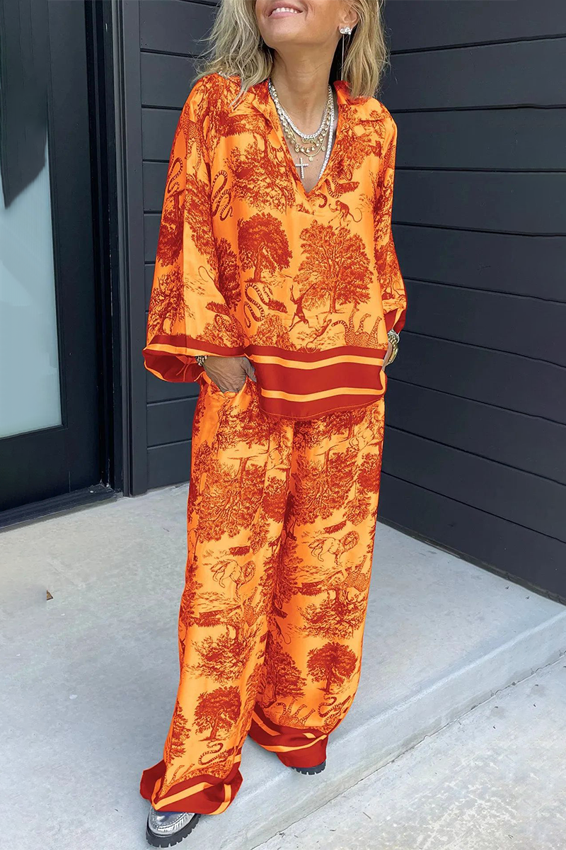 Beatriz | Casual street floral print, distressed drawstring pocket, V-neck, long sleeves, two-piece