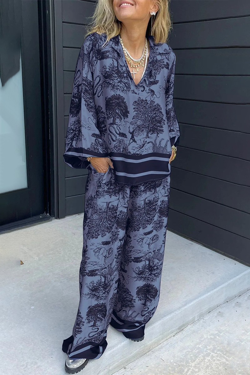 Beatriz | Casual street floral print, distressed drawstring pocket, V-neck, long sleeves, two-piece