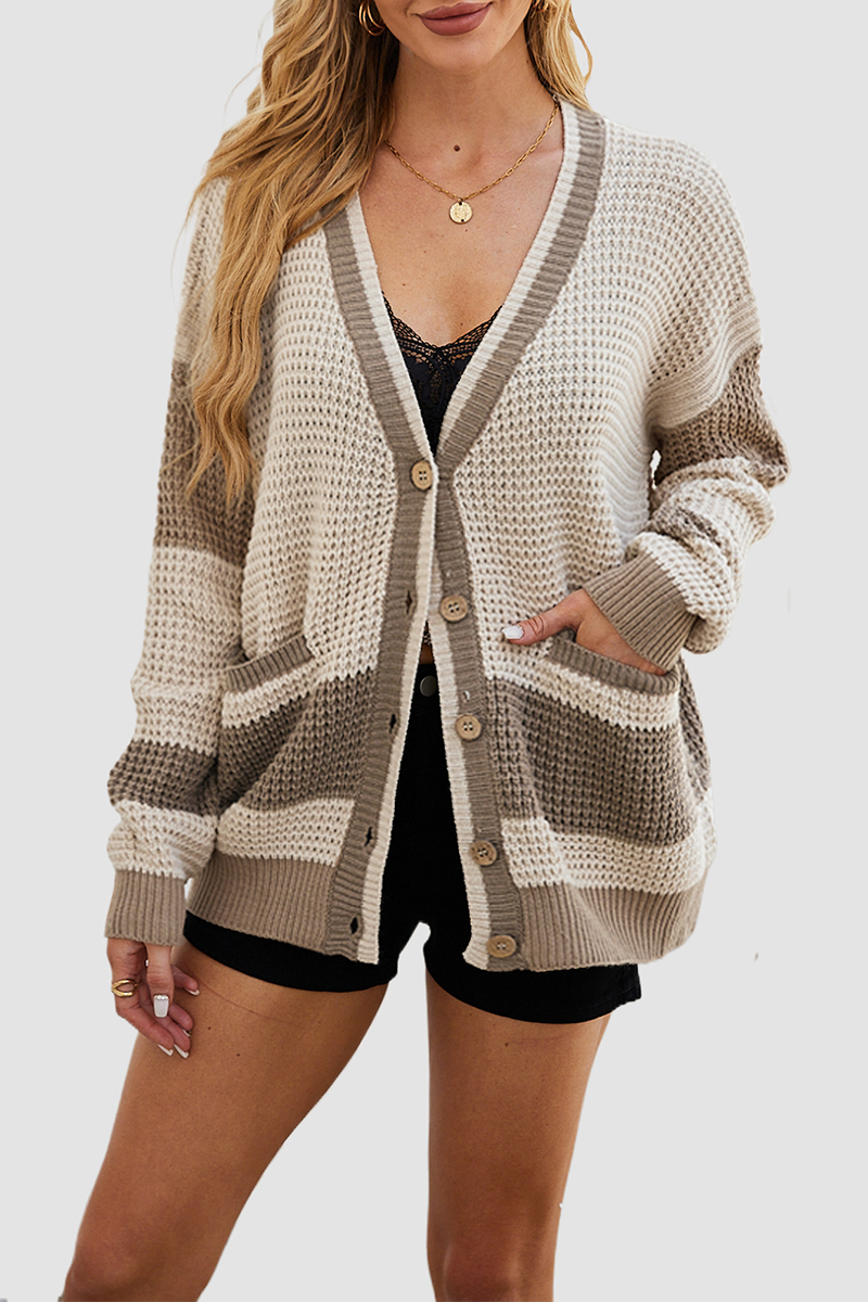 Belén | Casual daily color block outerwear with pocket buttons and V-neck