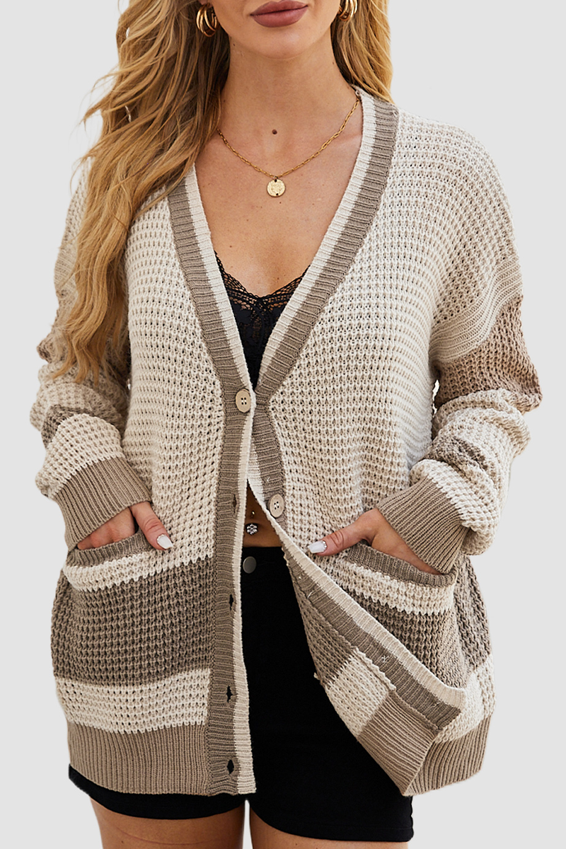 Belén | Casual daily color block outerwear with pocket buttons and V-neck